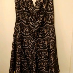 Black Lace Over Beige Strapless A Line Dress